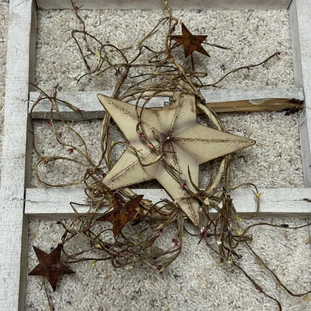 Primitive Rustic White Wood Window Frame Wall Decor Barn Star Pip Berry 16x12 - Picture 2 of 8